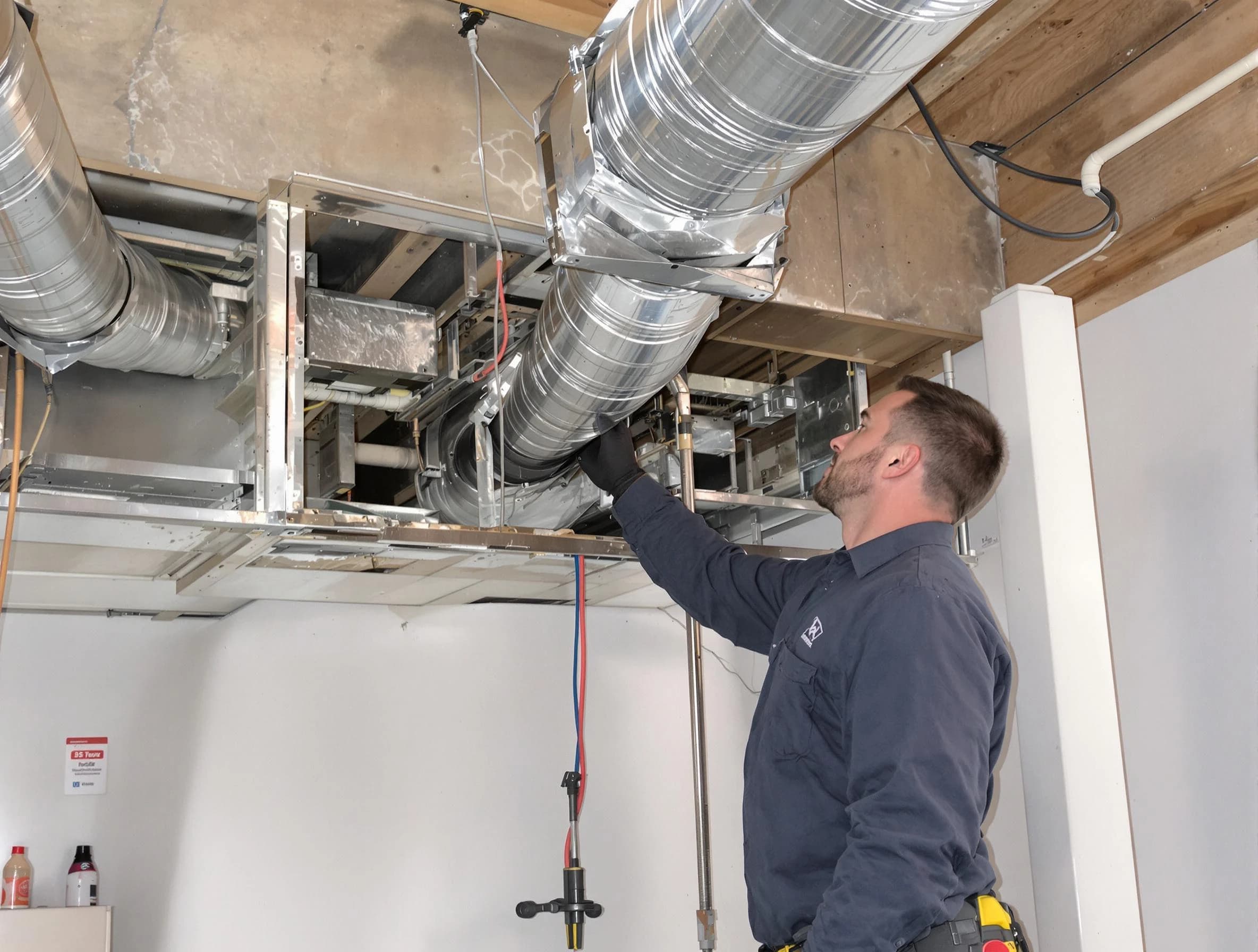 Belen Air Duct Cleaning technician performing professional air duct repair using specialized tools in Belen